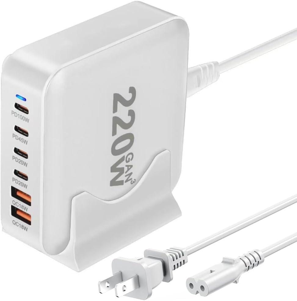220W USB C Charger Block GaN III USB Desktop Charging Station 6 Ports QC4.0 Fast Charging Station Hub+PD 100W Type C Laptop Charger Adapter Compatible with MacBook Pro Laptop Tablet and Phone (White)