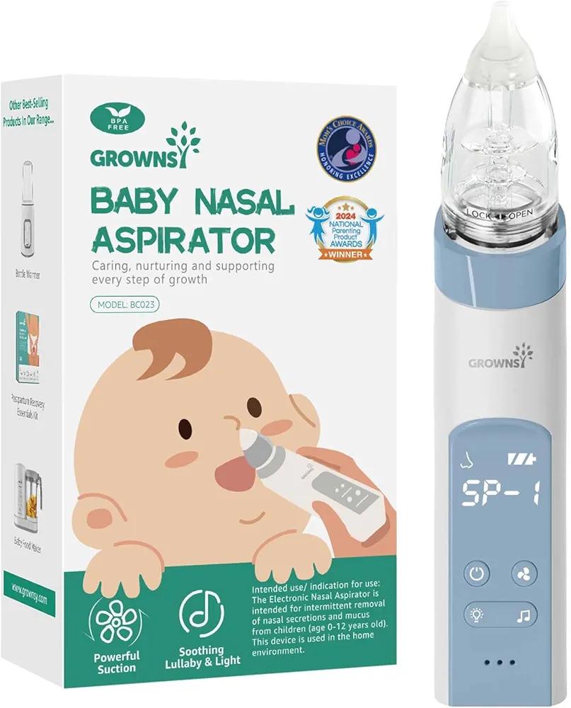 GROWNSY Nasal Aspirator for Baby, Electric Nose Aspirator for Toddler, Baby Nose Sucker, Automatic Nose Cleaner with 3 Silicone Tips, Adjustable Suction Level, Music and Light Soothing Function, Blue
