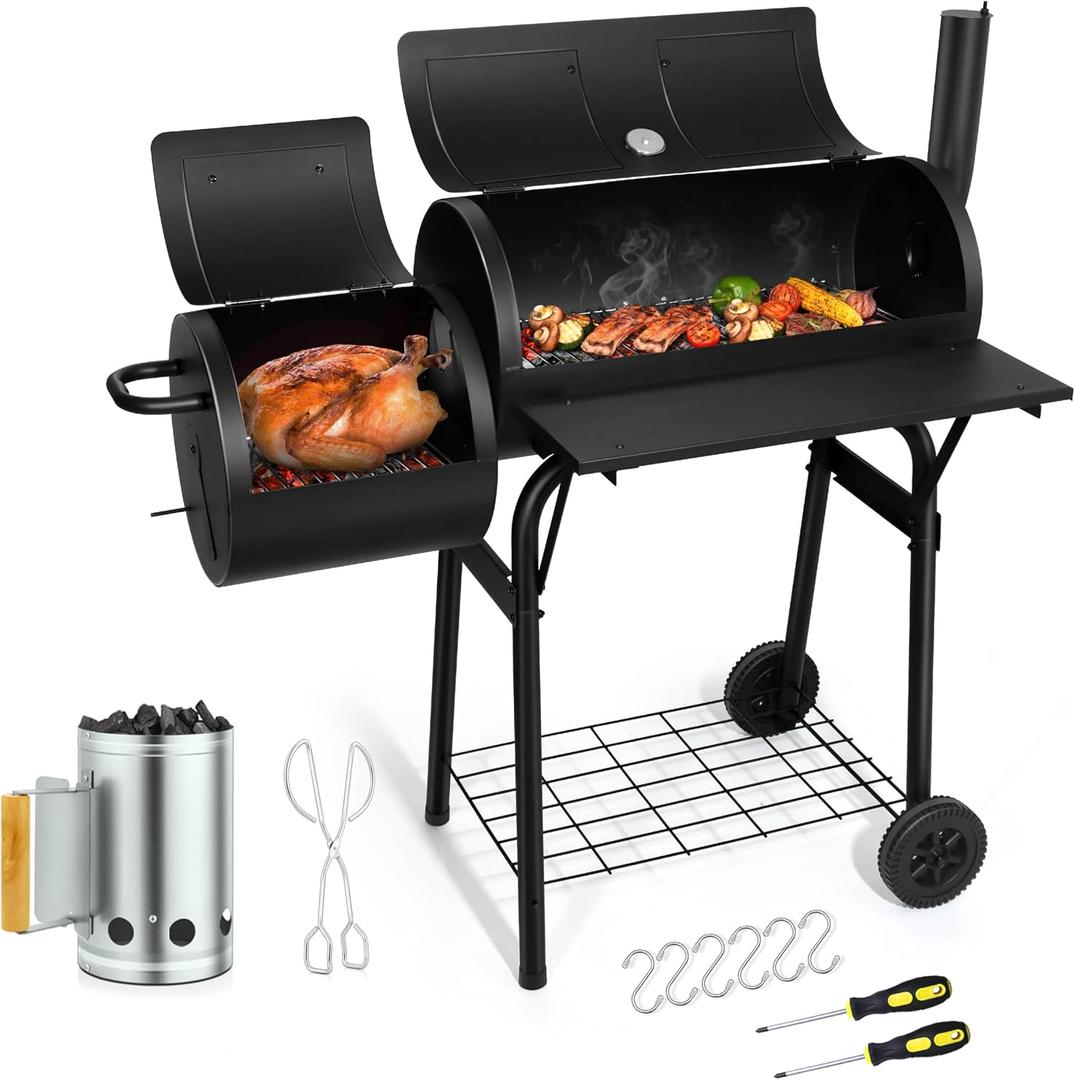 Barrel Charcoal Grill with offset Smoker(420.SQ.IN), Joyfair Large Outdoor BBQ Grills with Chimney Starter Set For Grilling, Smoking, Roasting, with Thermometer & Front Table, 6 S-Hooks & Clamp