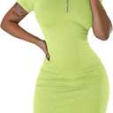 Women's Summer Ribbed Bodycon Dress Mock Neck Slim Fit Short Sleeve Mini Dresses (Medium, Ab-grass Green)