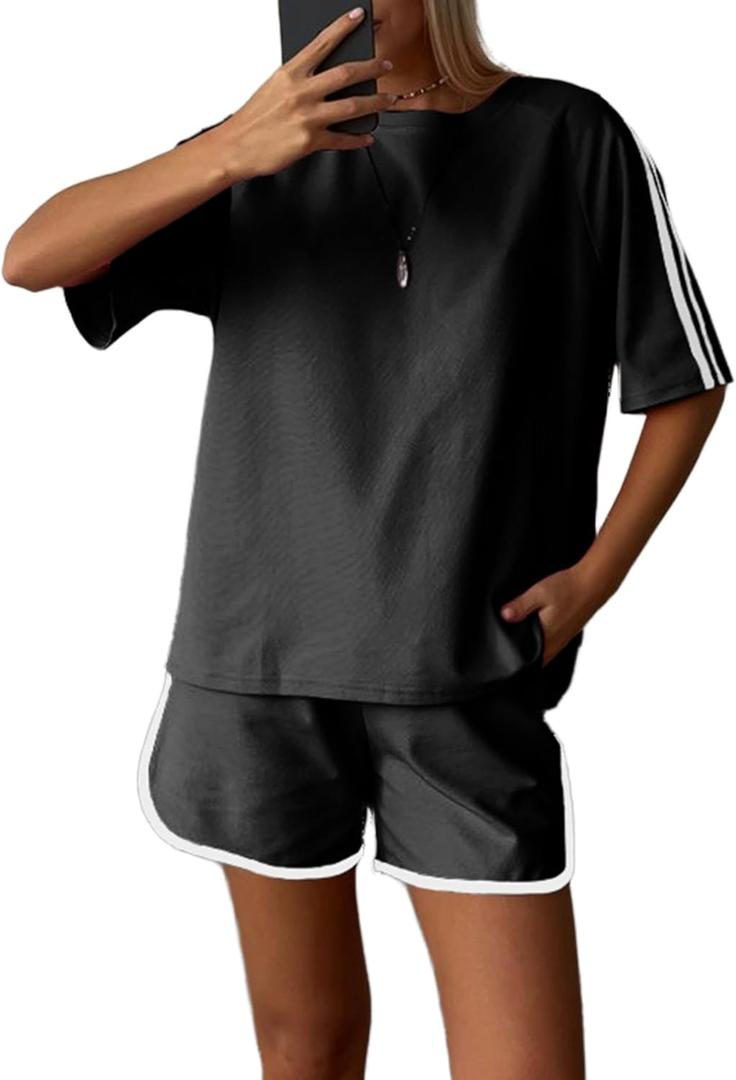 Dqbeng Womens Casual Summer 2 Piece Sets Cotton Short Sleeve Tshirt Matching Shorts Athleisure Set with Pockets (Black)