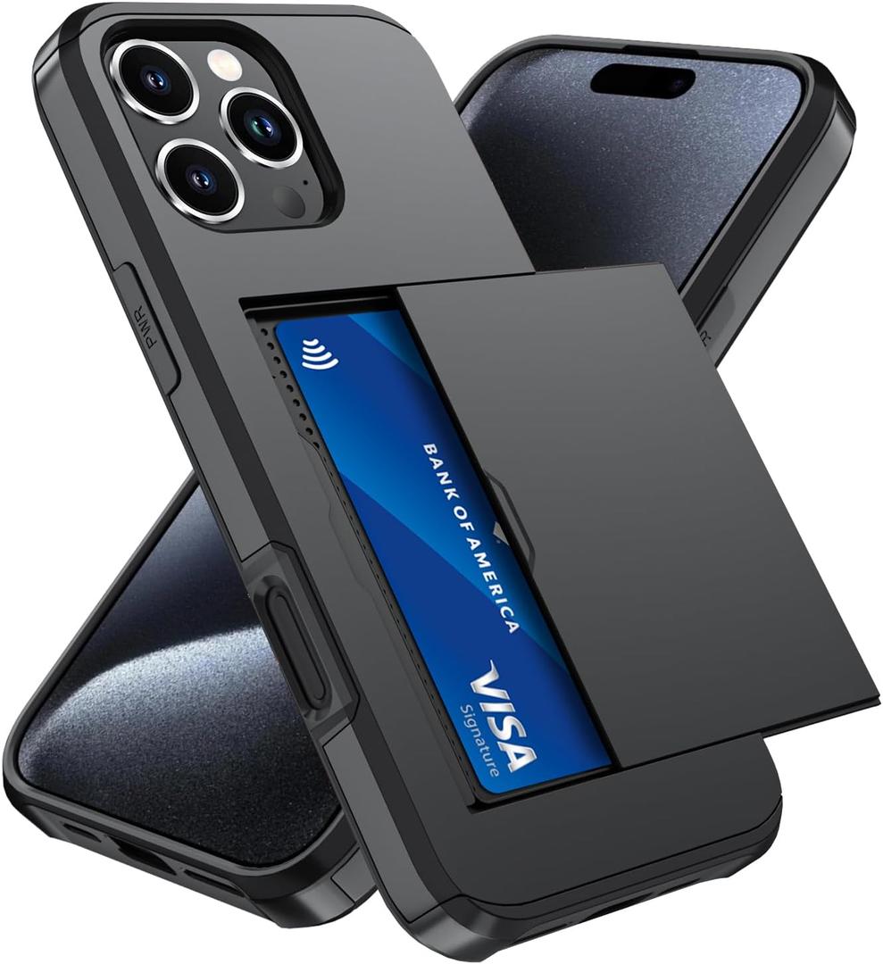 Qinmay Compatible with iPhone 15 Pro Case with Card Holder, Dual Layer Shockproof,Heavy Duty Protective Hidden Slot Slim Wallet Phone CoverBlack