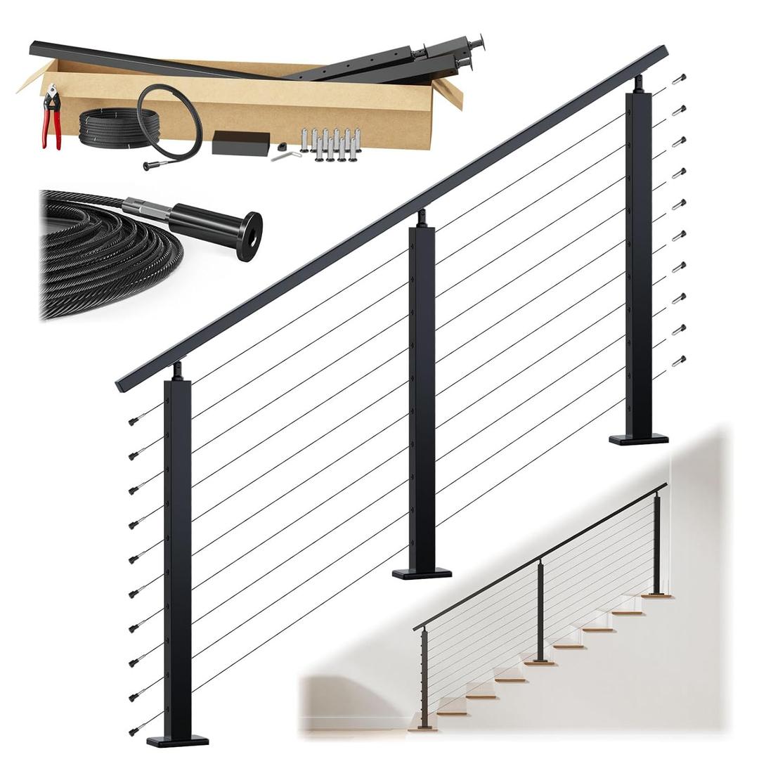 Muzata 4-8ft Black Complete Cable Railing Kit for Stairs Pre-Crimped 36 Inch Cable Railing System with Post Handrail Length Adjustable Easy DIY with User Guide Complete Set RC09