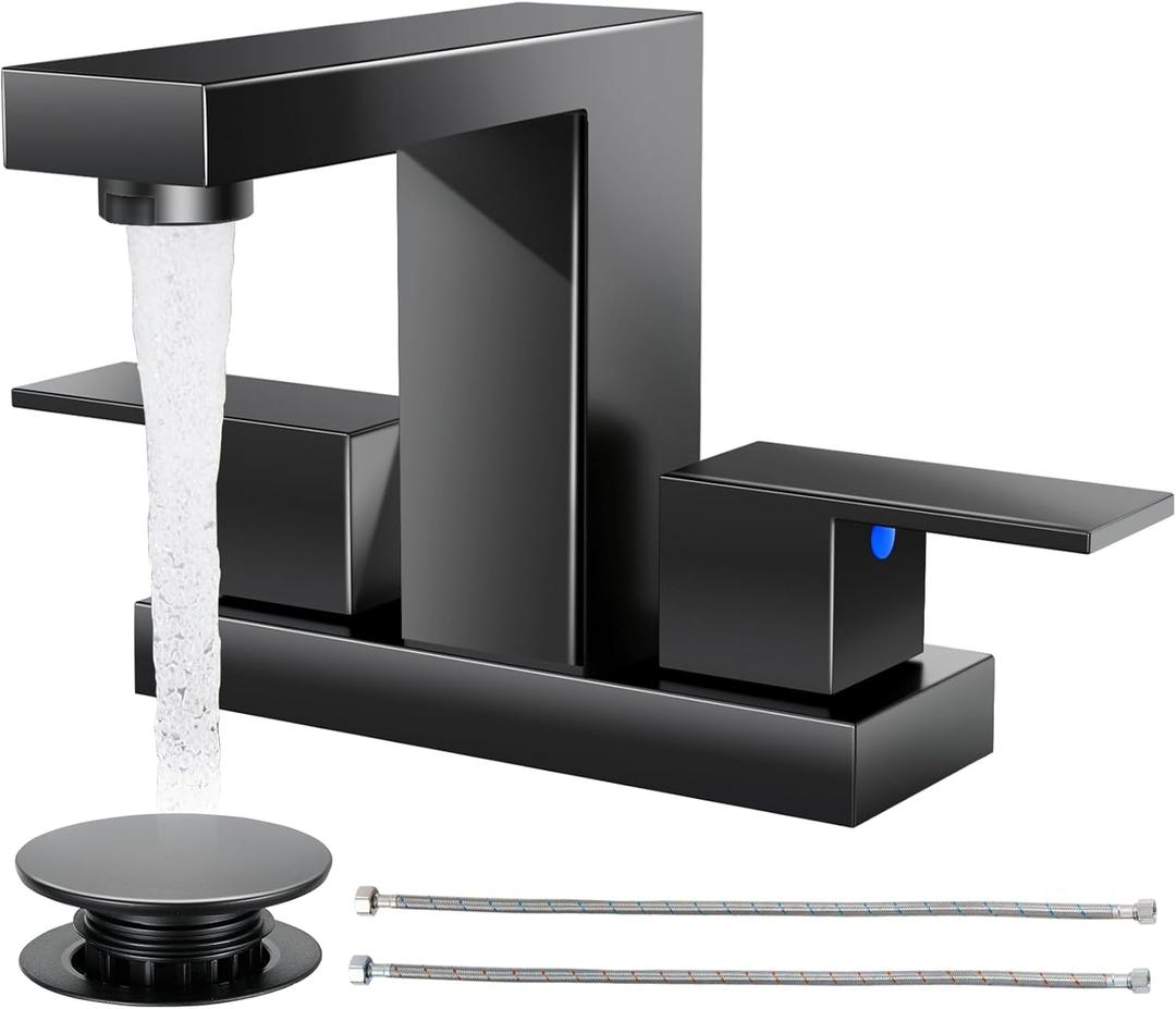 Cobbe Bathroom Faucets for Sink 3 Hole, Matte Black Bathroom Sink Faucet Square 4 Inch Centerset with Pop-Up Drain, 2 Handle and 2 Supply Hoses, Lead-Free Stainless Steel for Vanity, Rv, Farmhouse