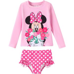Disney Mickey and Friends Girl Two Piece Long Sleeve Swimsuit Rashguard Bathing Suit (2Y, Pink)