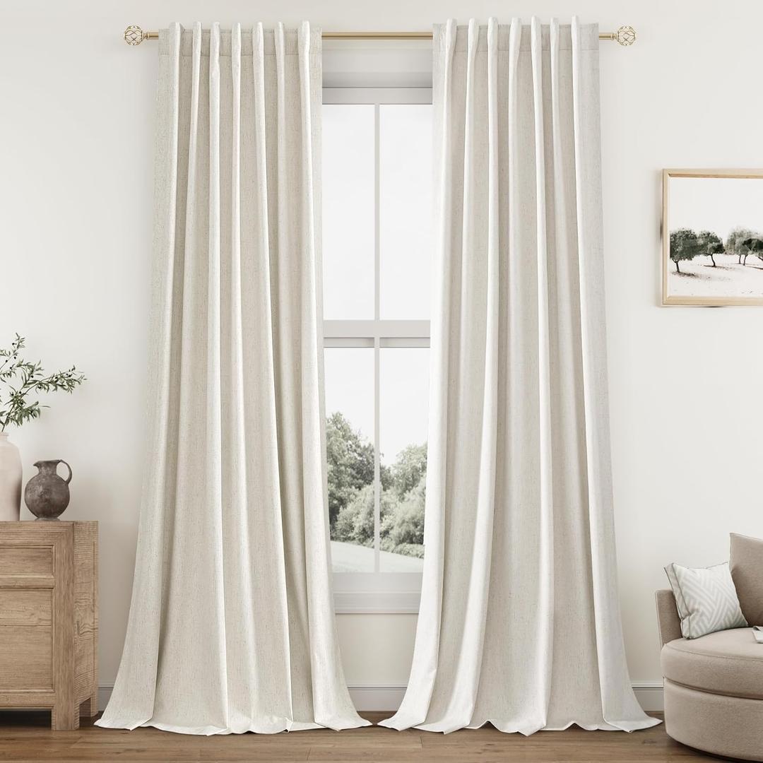Guken Cream Linen Blackout Curtains 108 Inch Length 2 Panels Set for Living Room Bedroom Back Tab Thermal Insulated 100% Black Out Linen Drapes Room Darkening Window Curtains