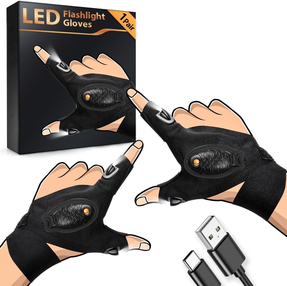HANPURE LED Flashlight Gloves Stocking Stuffers for Adults Men Christmas Birthday Gift Idea for Dad Husband Him Boyfriend (1 Pack(with Replaceable Batteries))