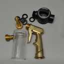 Garden Hose Nozzle Sprayer with 3.5oz Plastic Soap Dispenser Bottle, Heavy Duty High Pressure Car Wash Foam Gun, Adjustable Nozzle for Gardening, Solar Panel Cleaning, Pet Showering (Brass)