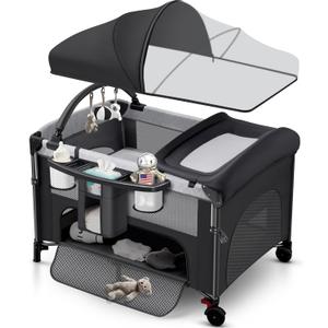 4 in 1 Baby Bassinet Bedside Crib with One-Hand Setup & Waterproof Mattress ASTM-Certified Pack and Play, Portable Foldable Playard with Diaper Changer for Newborn to Toddler(Black)