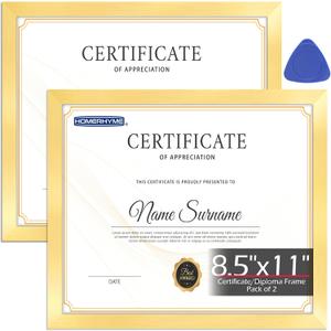 HOMERHYME Diploma Frame, 8.5 by 11 Gold Picture Frames, Certificate Frame with Clear Plexiglass, 8.5 x 11 Photo Graduation Degree Record Magazine Frames for Office Gallery Home Wall Decor, 2 Pack