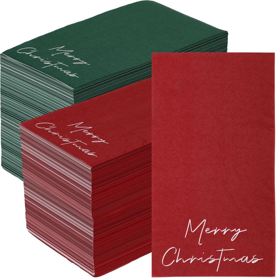 Janlaugh 200 Pcs Christmas Disposable Napkins Red Green Merry Christmas Paper Xmas Guest Hand Napkins Towel for Winter Holiday Party Dinner Table Supplies Bathroom Kitchen Table Decorations