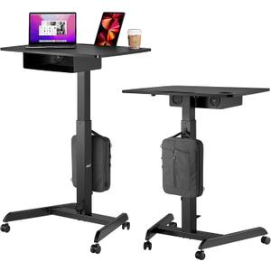 AVLT 44" Height Adjustable Foot Pedal Rolling Desk with Shelf (3 ft 8 inches) - Pneumatic Laptop Standing Desk Cart - Mobile Laptop Cart - Black Computer Projector Cart with Brake Casters