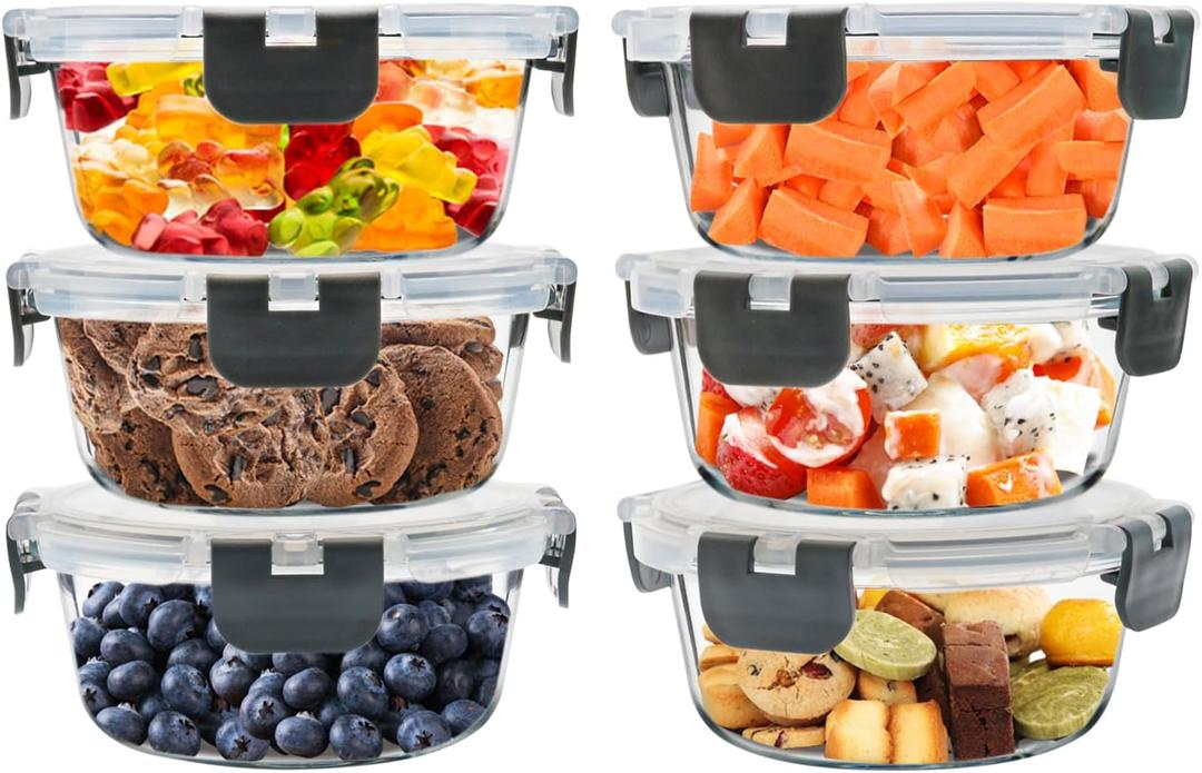6Pack 13oz Glass Meal Prep Containers, Small Round Glass Food Storage Containers Sets with Snap Leak Proof Lids for Microwave, Freezer and Dishwasher Safe (Grey, 13oz)