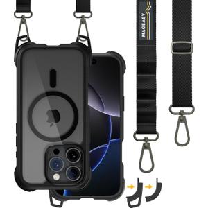 MAGEASY Designed for iPhone 16 Pro Case with Strap - 20ft Drop Protection Compatible with MagSafe, Transformable Protective & Lanyard Case, Vegan Leather Frame | Odyssey Strap M (Leather Black)