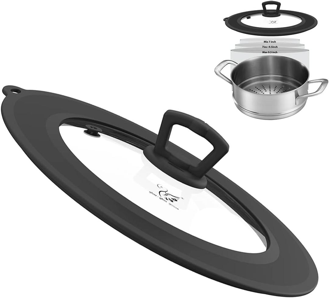 Vented Tempered Glass Universal Lid for Pot Pan Skillet with Heat Resistant Silicone Rim Microwave Splatter Lid Cover Microwave Safe Fit 8 8.5 9 Cookware, Dishwasher Safe Black (8"-9")