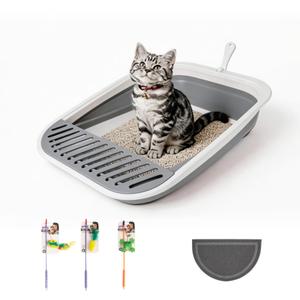 Pawise Foldable Cat Litter Box, Low Entry Collapsible Cat Litter Box with Scoop, Travel Pet Potty Pan & Anti-Splash Toilet for Kittens, Senior Cats & Disabled Cats (with Cat Teaser & Litter MatGrey)