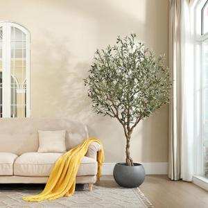 LOMANTO Olive Trees Artificial Indoor, 7Ft Artificial Olive Plants, Tall Faux Olive Tree, Fake Topiary Silk Tree in Pot with Olive Branch & Fruit, Home Office Modern Decor Gift for Housewarming 1Pack (7ft)
