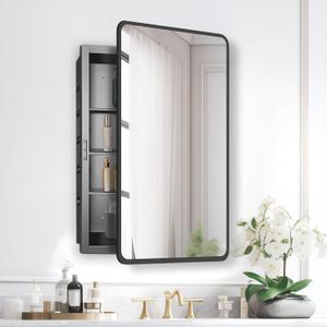Bathroom Medicine Cabinet with Mirror, 17x27 inch Metal Black Recessed Medicine Cabinet with 3 Adjustable Metal Shelves, Rounded Rectangle Storage Cabinet