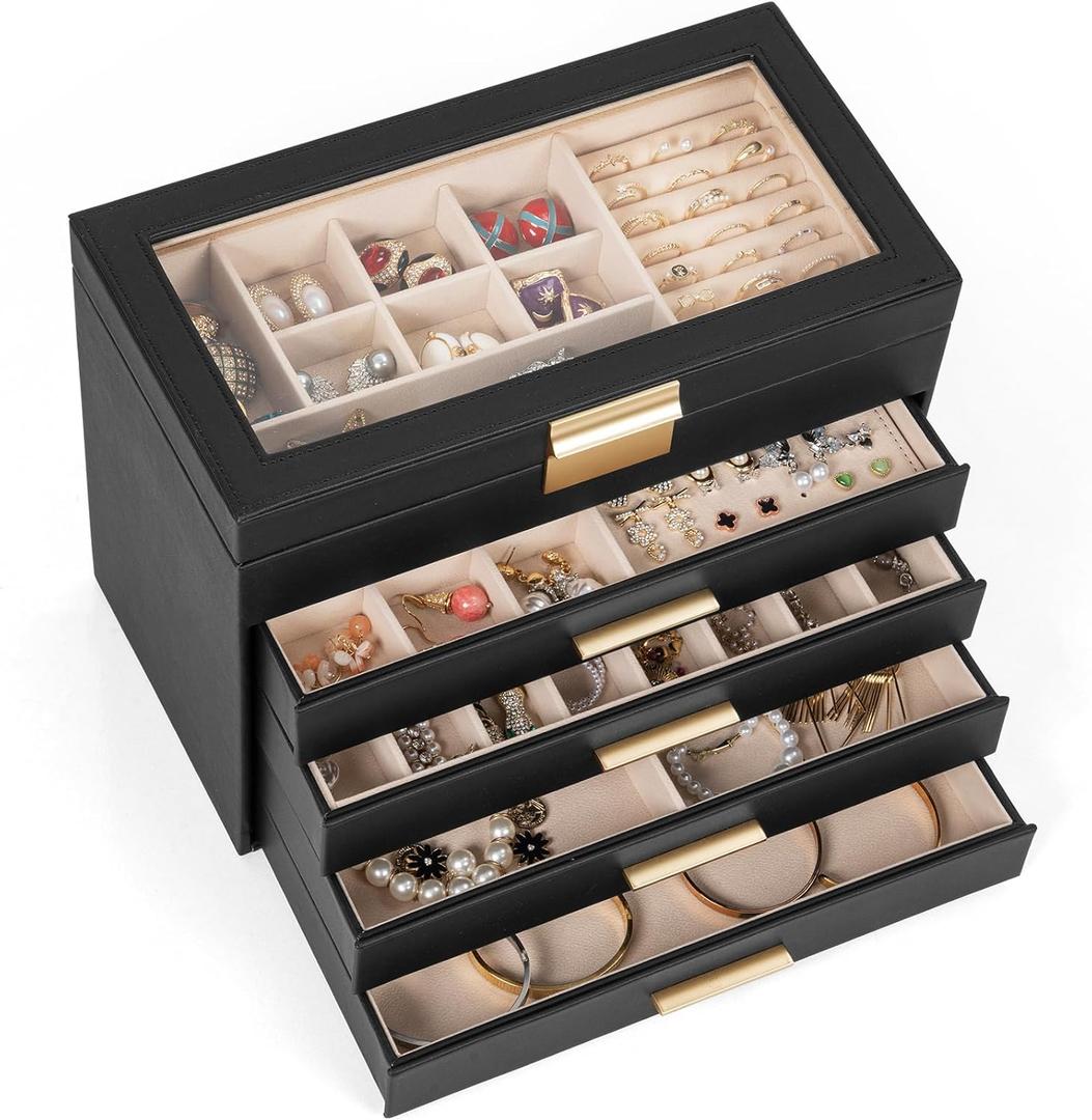 AKOZLIN 5-Tier Jewelry Box with Clear Glass Lid Functional Leather Jewelry Storage Organizer Case 4 Drawers for Women Girls Necklace Ring Bracelet Earring (Black-Gold)