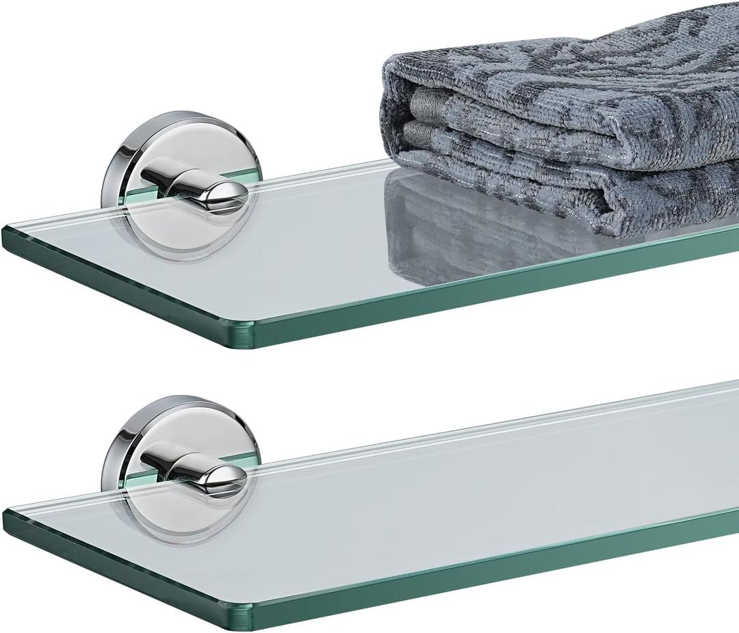 JQK Bathroom Glass Shelf Chrome, Tempered Glass Shower Storage 12 by 5 inches, 304 Stainless Steel Polished Chrome Wall Mount 2 Pack, TGS101L12-CH-P2