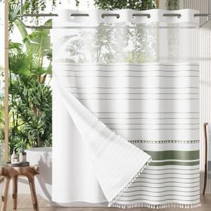Bath Boho Sage Green Shower Curtains for Bathroom, Heavy No Hook Shower Curtain and Liner Set, Striped Fabric Shower Curtain Farmhouse with Tassels, Washable & Waterproof, 74"x72"