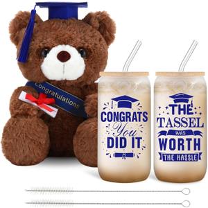 3 Pcs 2025 College Graduation Gifts for Her Congrats Grad Include Glass Cups and Stuffed Bear, Can Cups with Lids and Straws for College University Class of 2025 Party New Job(Blue)