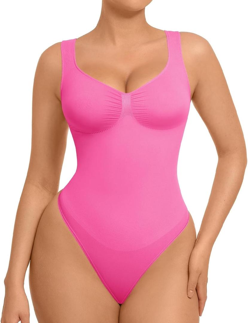 FeelinGirl Shapewear Bodysuits for Women Tummy Control Thong Seamless V Neck Compression Body Suits Corset Top (3X-Large, Pink)