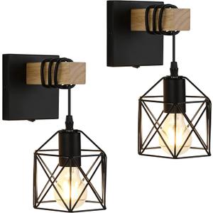 Black Wall Sconce with ON/Off Switch Pack of 2, Dimmable Cage Wall Mount Light Fixture Industrial Farmhouse Lighting, LG9939389 (hardwire)