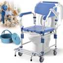 Bedside Commode Wheelchair with Drop Arms & Lockable Casters, Waterproof Aluminum Shower Chair, Anti-Tilt Foldable Footrest, Sponge Padded Seat, 330lbs Weight Capacity, 3 in 1 Bedside Commode Chair