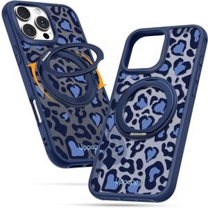 Uppuppy for iPhone 16pro max Case - Compatible with MagSafe for Women Girls Bulit-in 360 Rotatable Magnetic Ring Holder Kickstand Cute Aesthetic Blue Cheetah Print Design for Apple 16pro max