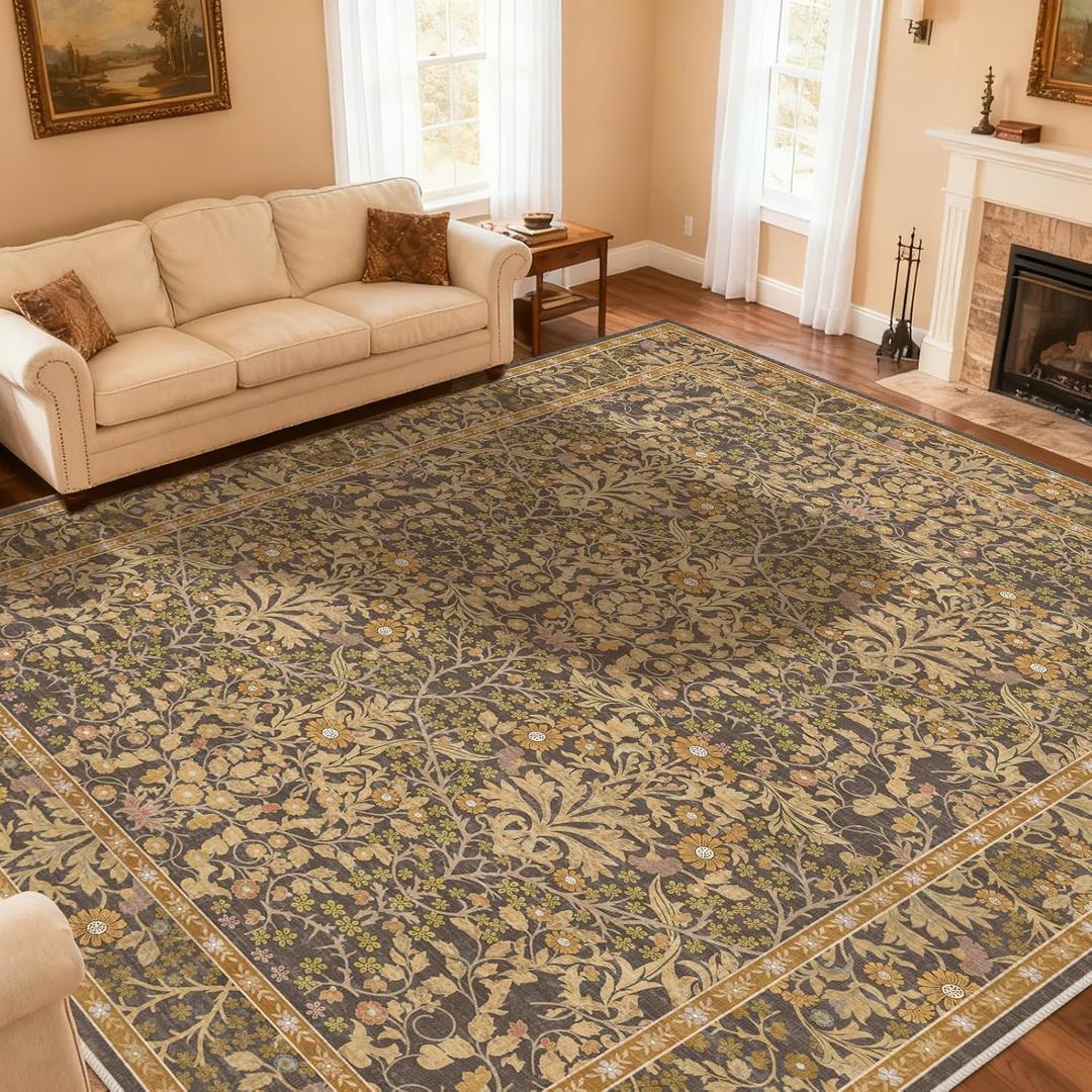 Extra Large 10x14 Area Rug for Living Room, Washable Rugs for Dining Room, Bedroom, Non Slip Stain Resistant Carpet, Low Pile Vintage Floral Rug (Goldenrod)