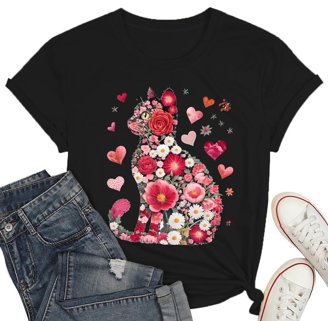 Floral Cat Valentines Shirt Women Womens Valentines T-Shirt Cat Lover Valentines Gift Tee Tops Black (Black, M)