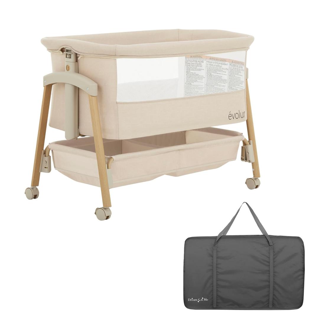 Evolur Lullaby Portable Bassinet with Wheels, Adjustable Bedside Sleeper, Breathable Mesh Sides, Large Storage Basket, Easy Fold, and Travel Bag Included, Perfect for Newborns & Infants - Biege