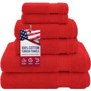 American Veteran Towel, 100% Cotton Turkish 6 Piece Towel Set, Luxury Towels Set of 6 for Bathroom Essentials, 2 Bath Towels 2 Hand Towels 2 Washcloths, Red