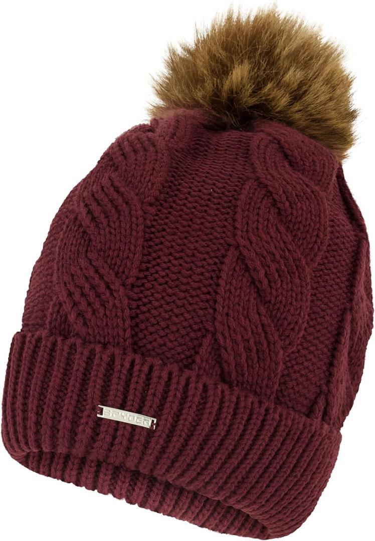 Spyder Womens Cable Knit Pom Pom Beanie with Ribbed Cuff (One Size, Fig)
