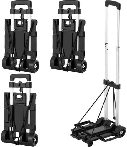 Datanly 3 Set Folding Hand Truck Dolly with Expandable Base Plate 77 Lbs 2 Wheels Roll Luggage Cart with Elastic Ropes Portable Luggage Cart Collapsible Dolly for Airplane Travel Shopping Office