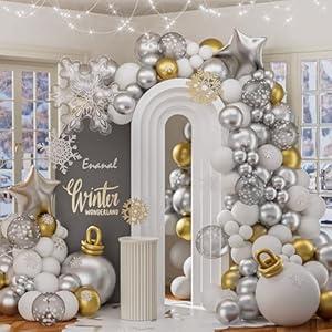 Enanal Snowflake Balloon Garland Arch Kit, 140pcs Silver White Snow Balloons with Snowflake Star Foil Balloons for Christmas Winter Wonderland Party Supplies Baby Shower Decoration (Gold)