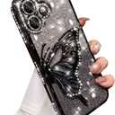 for iPhone 16 Plus Glitter 3D Butterfly Case,Cute Luxury Bling Sparkly Diamond Rhinestones Liquid Flowing Case with Camera Protector TPU Bumper Women Girls Case for iPhone 16 Plus 6.7", Black
