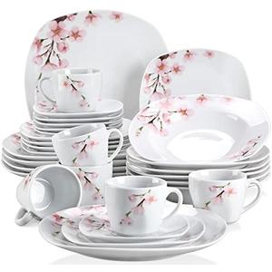 VEWEET Annie Porcelain Dinnerware for 6, 30-Piece Pink Floral Dish Set With Plates and Bowls Including Dinner, Dessert, Soup, Cups & Saucers
