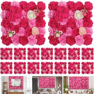 Artificial Flower Wall Backdrop 16pcs 16.5x16.5 Inch Silk Rose Floral Panels Ideal for Wedding Celebrations, Festive Party Backdrops, and Elegant Home Decor-Pink and Rose Red