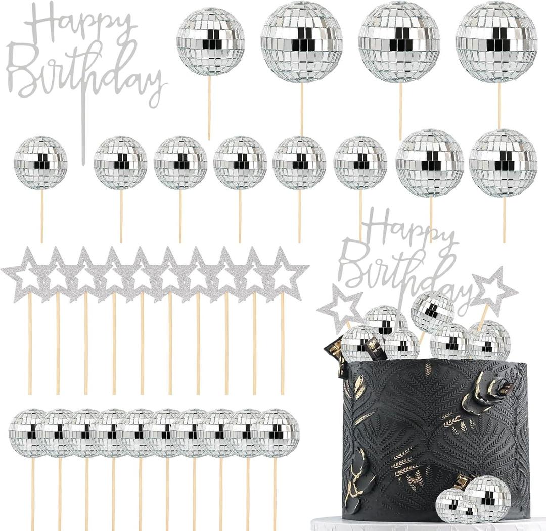 33PCS Disco Ball Cake Topper, 1970s Disco Ball Cake Picks Dance Party Supplies,Small Disco Balls Cake Decorations for Disco 70s Theme Party
