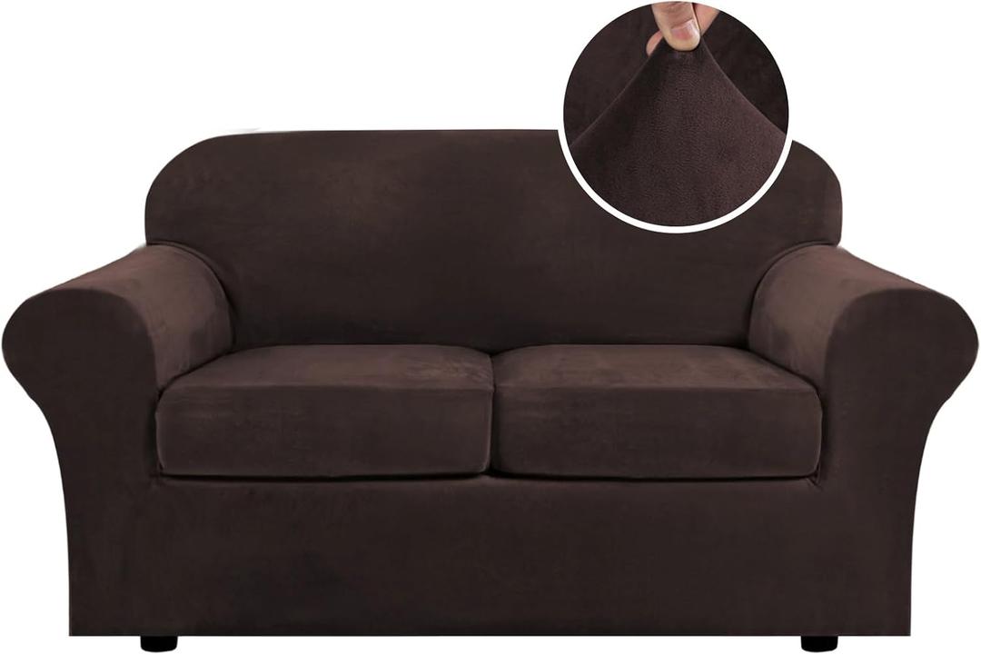 H.VERSAILTEX Real Velvet Plush 3 Piece Stretch Sofa Covers Couch Covers for 2 Cushion Couch Loveseat Covers Width Up to 72 Inch Feature Thick Soft Stay in Place (Medium Sofa, Brown)