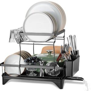 E-far Dish Drying Rack for Kitchen Counter, 2 Tier Small Dish Drainer Drying Rack, 16.7" x 11.8" x 13.9" Metal Organizer with Drainboard and Utensil Holder, Large Capacity & Space Saving, Black