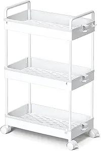 Ronlap 3 Tier Slim Rolling Storage Cart with Wheels Plastic Utility Cart Organizer for Snack Craft Art Postpartum Baby Diaper Nail Makeup in Bathroom Laundry Room Kitchen Bedside Narrow Space, White