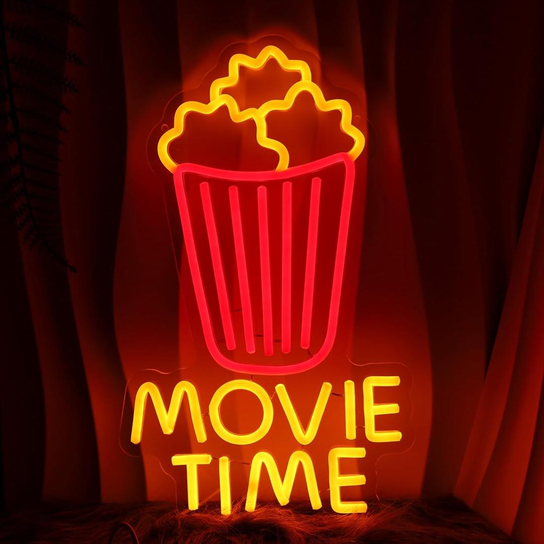 Movie Time Neon Sign Dimmable Movie Night Neon Sign Wall Decoration Gift for Cinema Game Room Man Cave Theater Party 10 * 16.4 Inch (Popcorn-Red)