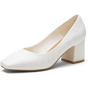 HEEZ Women's Pumps Chunky Block Low Heels Square Closed Toe Dress Shoes with Arch Support Comfortable Wedding Party Office Shoes Heel Pumps White, Size 6