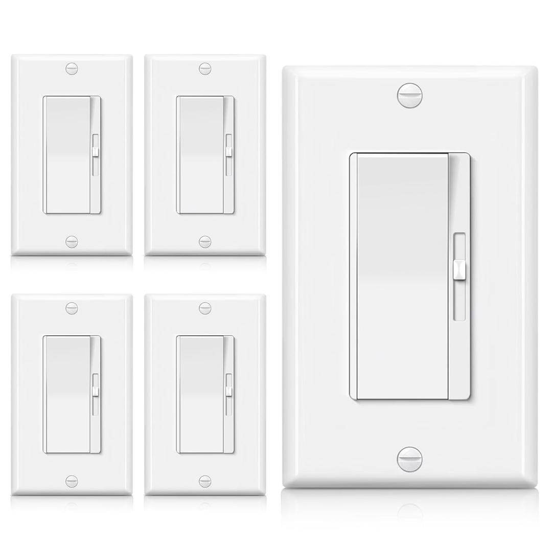 BESTTEN 5 Pack Super Slim Dimmer Light Switch for 300W Dimmable LED/CFL Lights and 600W Incandescent/Halogen, Single Pole/3Way LED Slide Dimmer, Wall Plate Included, ETL Listed, White
