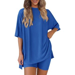 PRETTYGARDEN Women 2 Piece Lounge Set 2026 Summer Casual Oversized Shirts Biker Shorts Matching Airport Travel Outfit Clothes (Blue, L)