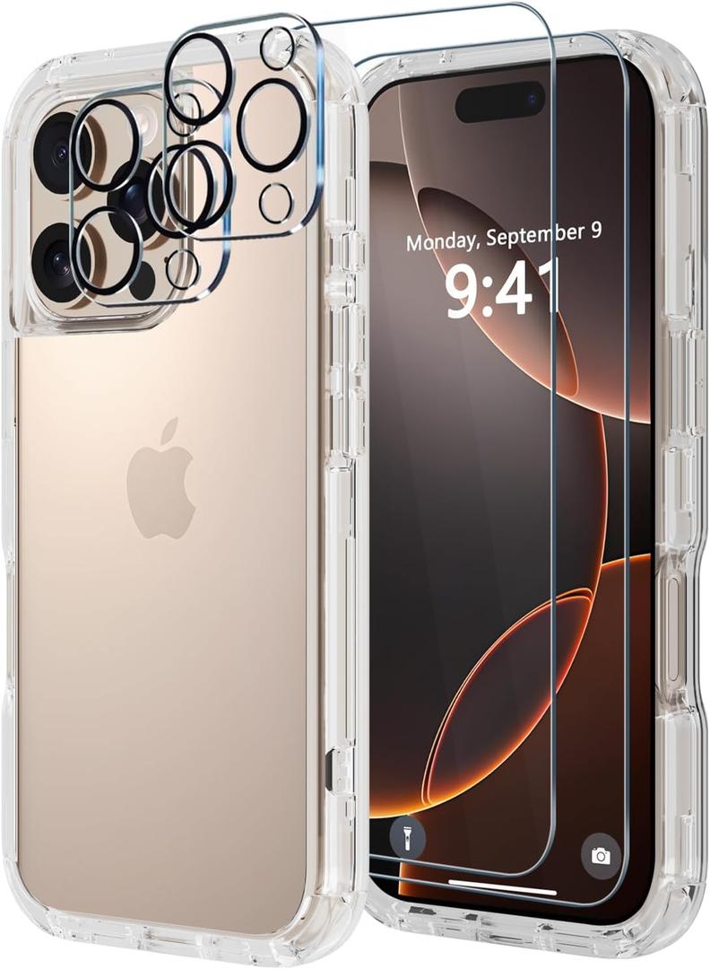 2 x Diverbox for iPhone 16 Pro Max Case [Shockproof] [Dropproof] [Tempered Glass Screen Protector + Camera Protectors] Heavy Duty Protection Phone Case Cover for Apple iPhone 16 Pro Max (Clear)