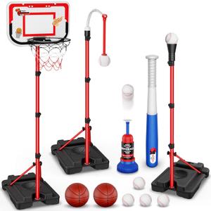 4 in 1 Kids Basketball Hoop and TBall Set  Adjustable Hanging TBall Stand with Automatic Pitching Machine, Indoor Outdoor Sports Toys, Christmas Birthday Gifts for Boys Girls Ages 38